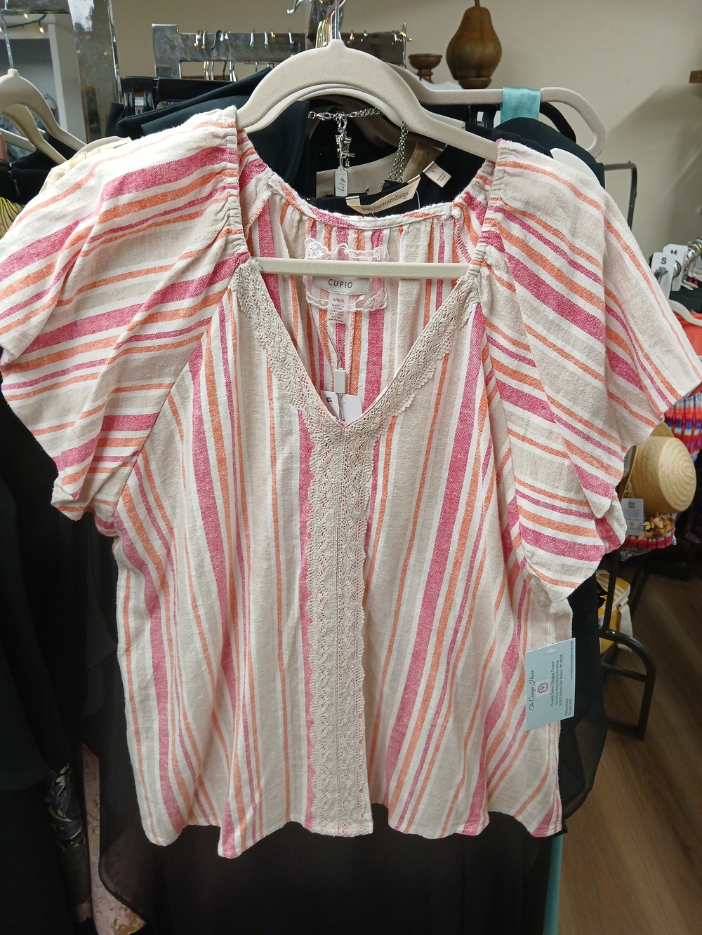 Cupio Pink & Cream Striped Lace-Trim V-Neck Blouse